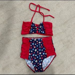 🌷Blue red floral high waisted two piece bikinis